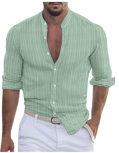 Munweiyu Chemise en lin à rayures pour homme - Chemise d'affaires - Chemise d'été - Coupe ample - Manches longues - Bouton Down - Chemise à manches longues - Chemise de bureau décontractée - Col