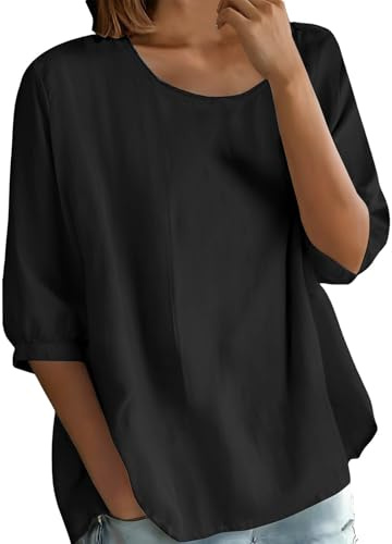 Générique Chemisier Femme Coton Été Manche 3/4 Cotton et Lin Chemise Col Rond Couleur Uni Basique Tunique Haut Respirant Business Travail Blouses Décontracté Plage Vayage Tops Grande Taille