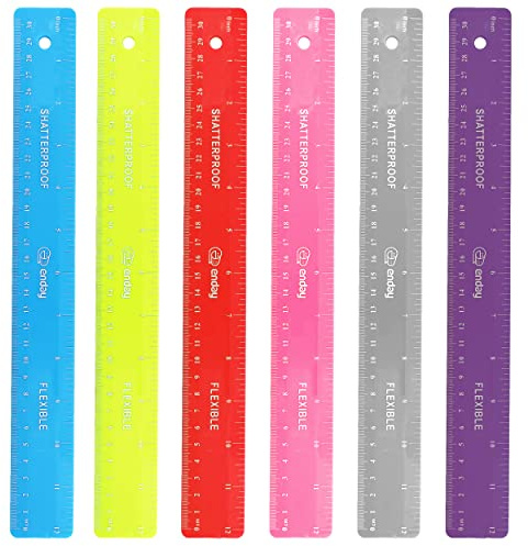 Emraw 12 inches (30 cm) Shatterproof Flexible Rulers Designed in Black, Blue, Green, Pink, Purple, and Orange - Great for School, Home, & Office – (6 Pack)
