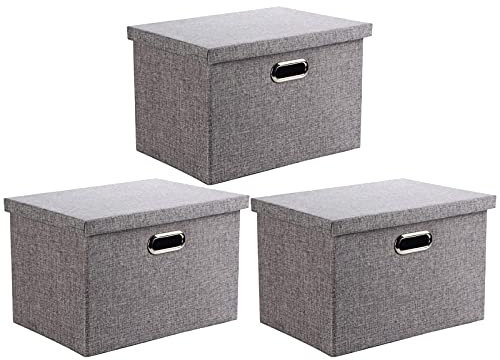 Wintao Storage Boxes with Lids Large, Foldable Fabric Storage Baskets for Shelves, Grey, 44 x 31 x 29 cm, 3 Pack