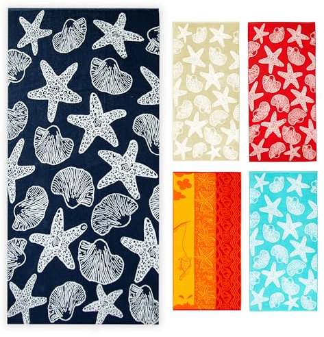 ZOLLNER Strandtuch - Flauschiges und saugstarkes Badetuch in 90x180 cm - waschbar bis 60°C - Baumwolle - maritimes Muster mit Seesternen und Muscheln in dunkelblau - Oeko Tex® Zertifiziert