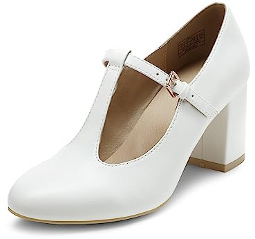 DREAM PAIRS Zapatos de Tacón Ancho Clásicos Mujer de Correa en TZapatos de Salón PU,Size 38.5,Blanco/PU,DPU211