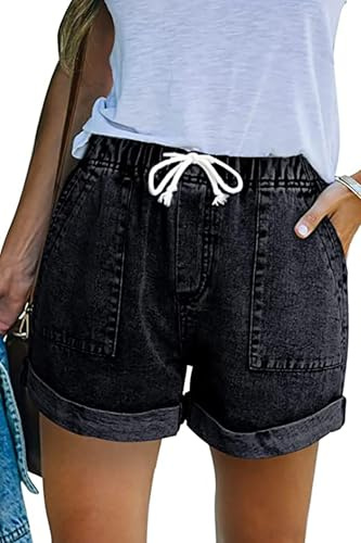 GOLDPKF Womens Denim Jean Shorts Cotton Casual Drawstring Elasticated Waist Shorts Summer Stretch Hot Pants