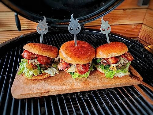 Aganjok 6 Stück Edelstahl Burger Spieße 18cm Metallspieße Servierspieße Flamme Burgerspiess Grillspiesse Made in Germany
