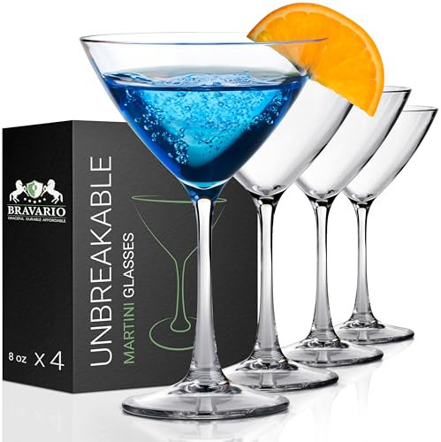 Bravario Unbreakable Plastic Martini Glasses, 100% Tritan Shatterproof Plastic Cocktail Glasses, Premium Quality, BPA-Free Dishwasher-Safe Reusable, 8 oz Set of 4