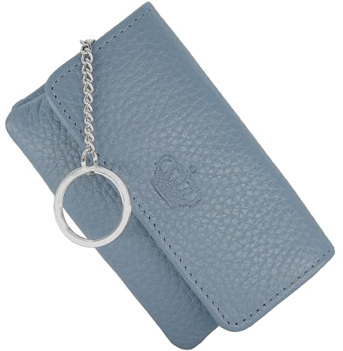 Baur Étui à clés femme en cuir véritable – Porte-clés avec anneau métallique et fermeture à pression – Petit porte-monnaie zippé pour billets, pièces et cartes (Bleu colombe)