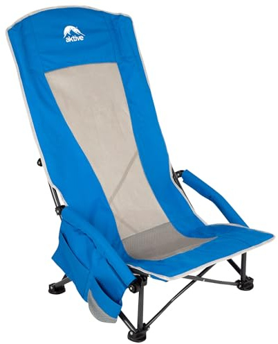 AKTIVE 63065 Silla Plegable, 56x46x94 cm, Azul, Asiento bajo, Respaldo Alto, Bolsillo, Posavasos, Topes antivuelco, Soporta 110 kg, Estructura Acero, Tejido poliéster, Asa Hombro, Sillas Plegables