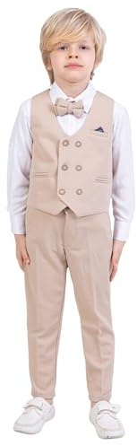 Gilet pour garçons | Ensemble 4 pièces : chemise, pantalon, gilet et nœud papillon | Vêtements de fête et formels pour garçons âgés de 1 à 13 ans, Beige I, 11-12 ans