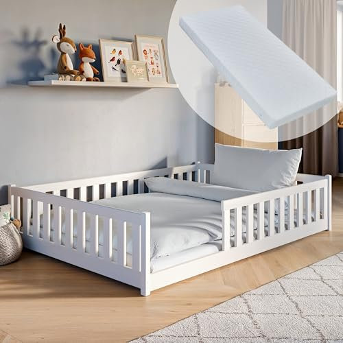 Kinderbett Bodenbett 140x200 cm Bett mit Matratze, Rausfallschutz & Lattenrost Montessori Bett Bed Gitterbett Kinder Jugendbett Einzelbett | weiß Kiefer Holz massiv Junge Mädchen