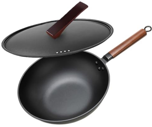 AKTJHS Wok Non Stick 13-Inch Carbon Steel Wok with Lid,Stir Frying Pan,Wooden Handle,Flat Base Pan for 4-6 People,No Chemical Coated,for Induction Gas and Electric Stoves