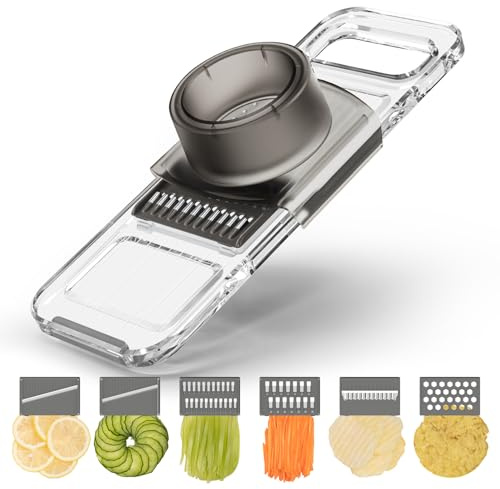 KEOUKE Transparent Multifunctional Mandoline Slicer - 6 Blades Interchangeable, Handheld Vegetable Cutter with Hand Guard for Kitchen, Onion, Garlic, Safe Food Slicer