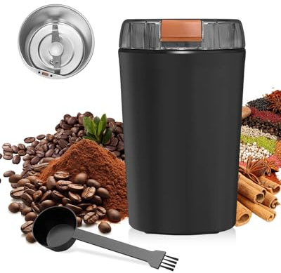 Kaffeemühle Elektrisch 80g, Leistungsstarker 350W Motor für Bohnen und Gewürze, One-Touch-Sicherheitsdesign, Mahlgrad Variabel, Tragbare Elektrischer Grinder mit Reinigungsbürste, Edelstahl