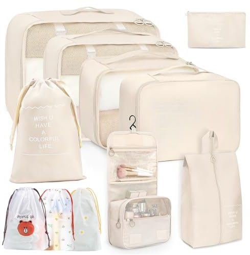 GTNCE Koffer Organizer Set 20-teilig – Packing Cubes, Wasserdichte Kleidertaschen, Packwürfel mit Schuhbeutel, Kosmetiktasche, Digitale Tasche – Travel Organizer für Koffer & Rucksack (Beige)