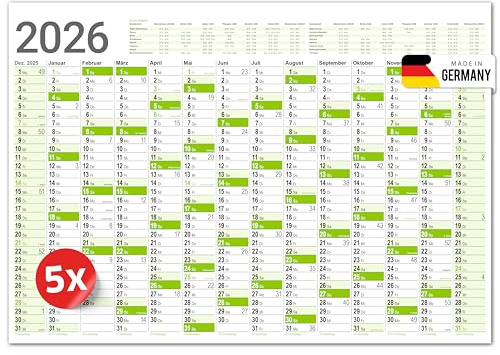 PRIMUS PRINT XXL Calendario 2026 – Calendario de carteles 2026 – Calendario de pared en tamaño póster A1 (594 x 841 mm), planificador anual para 2026, planificador de pared en azul o verde, enrollado