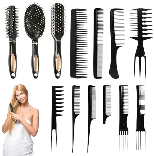 Dulynva Juego de 13 Cepillo Pelo Rizado Cepillos de Pelo Redondo Cepillos y Peines para el pelo Antiestático Cepillo Rizos Peine Hombre Mujer Peine Puas Anchas Peines de Corte Uso DoméStico, Viajes