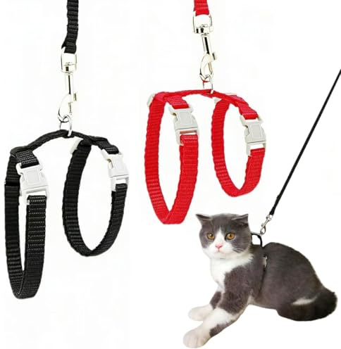 Cat Harness and Leash Sets, Adjustable Escape-Proof Cat Leash for Kitty & Small Pet, Soft Nylon Kitten Harness for Outdoor Walking, Travel and Vet Visits (Red+Black)-2PCS