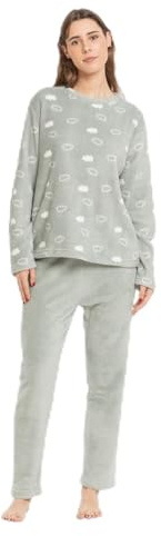 TRAMAS+ Pijama Mujer de Invierno, Pijama de Coralina con Camiseta de Manga Larga y Pantalón Largo Ajustable, Conjunto para Dormir Cómodo y Calentito - L, Nube New L Verde Tiffany