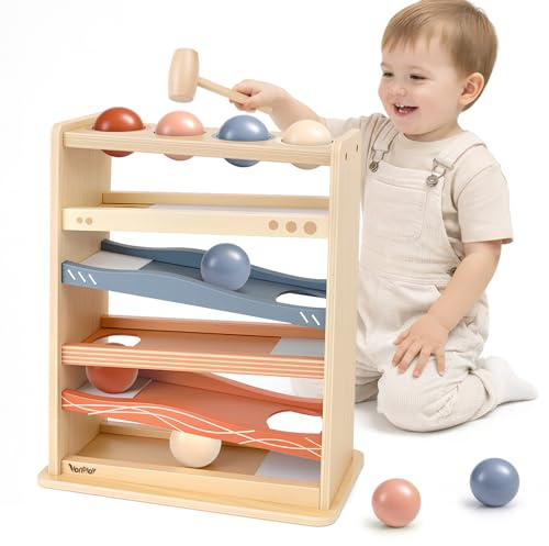 Vanplay Pista per Biglie in Legno per Bambini da 1 Anno, Gioco con Martello e 4 Palline, Giocattolo Montessori in Legno, Nessun Montaggio Richiesto, Regalo per Bambini e Bambine di 1, 2, 3 e 4 Anni