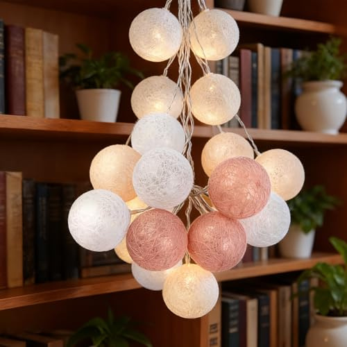 ALEGRE 3M 20LED Bolas de algodón, cadena de luces de 4 cm, bolas de algodón, cadena de luces para habitación infantil, niñas, oro rosa, bolas de algodón, para bodas, habitaciones, dormitorios
