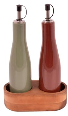Point-Virgule Set Sharing per olio e aceto in gres porcellanato e contenitore in acacia, 16 x 8 x 25 cm