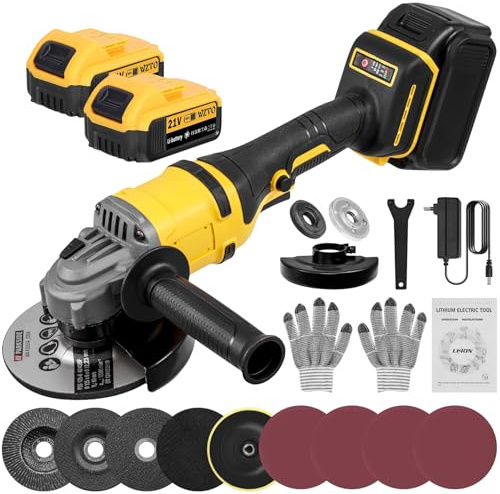 Teodute 1500W Amoladora Angular, 21V Herramienta Eléctrica Inalámbrica, Radial Batería para Cortar Pulir y Amolar Mango Corto (con 2 x 5.0Ah Baterías)