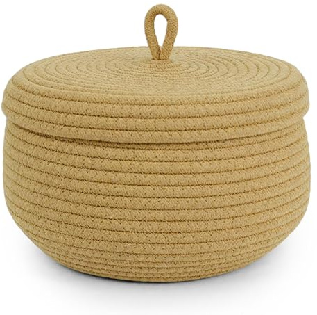 Cesta con tapa de cuerda de algodón, 23 x 17 cm, cesta de almacenamiento con tapa, cesta trenzada para salón, cesta de cuerda de algodón, cesta trenzada para plantas, aperitivos, toallas, hilo, cesta