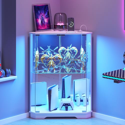 FREDEES Corner Display Cabinet with Glass Doors for Living Room, White | 2-Tier Curio Cabinet with 3-Color LED Lights, with Charging Station, Ample Storage Space, For Compact Spaces