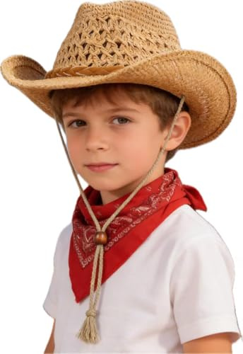 Shapeable Wide Brim Straw Hat Kids Sun Protection Cowboy Hats Spring Summer Anti UV Sun Hat Foldable Travel Beach Cap Western Cowgirl Bush Hats with Chin Strap for Boys Girls Age 3-6 (Kids Khaki)