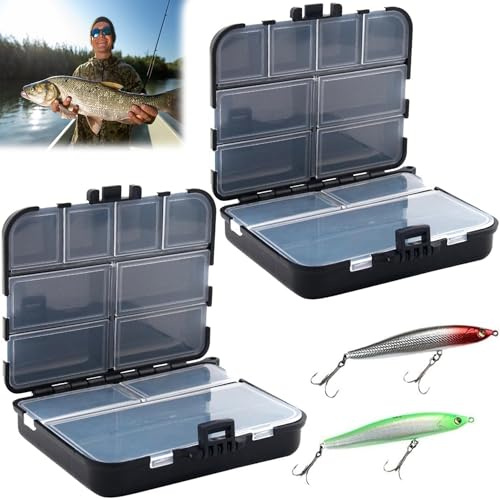 KIMHOME 2 Pack Double-Layer Tackle Box, 12 Compartments Fishing Storage Box with Handle and Adjustable Dividers, Durable Plastic Fishing Accessories Organizer for Outdoor Activities