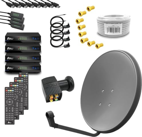 ARLI Impianto satellitare digitale HD, 60 cm, colore grigio/antracite, set completo per 4 partecipanti, con 4 ricevitori DVB-S2 + Quad LNB + cavo coassiale da 100 m + 8 X spina F parabola satellitare