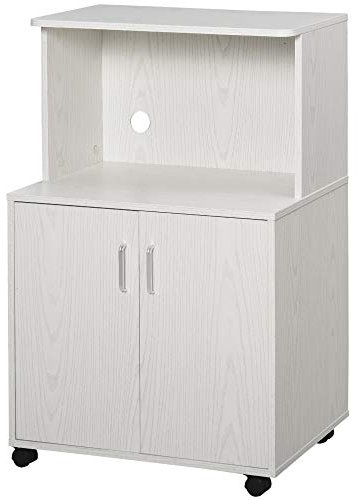 HOMCOM Kitchen Storage Unit, Modern Microwave Stand Trolley Cart, Sideboard with Cabinet, Locking Wheels, Shelf for Living Room, Dining Room, White