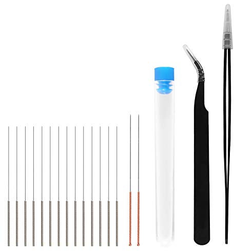 Aokin 19 Kit de nettoyage de buse d'imprimante 3D - 16 Pcs 0.15mm 0.25mm 0.35mm 0.4mm 0.5mm Nettoyeur d'aiguilles et 2 Pcs Pince à épiler, Kit d'outils de nettoyage de buse en acier inoxydable