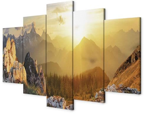 B&D XXL - Wandbilder XXL Landschaft Gebirge 150x75 cm 5 tlg - Leinwand Bilder Wand Deko Bilder Wohnzimmer Bild Schlafzimmer Leinwandbilder Wandbild Groß - Natur Berge Sonnenaufgang c-B-0056-b-m