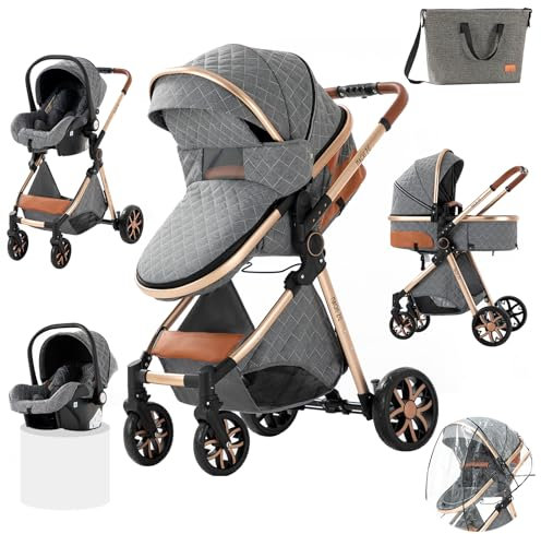 Prokoke Kinderwagen 3 in 1, Kinderwagen Set Einem Klick Faltbar, Kombikinderwagen 3 in 1 mit Umkehrbarem Zwei-Wege-Schub, Buggy Rahmen Aluminiumlegierung Baby Kleinkind Neugeborene (225 Grey)