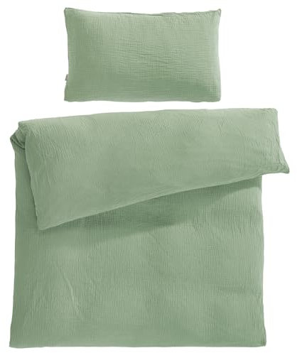 Pure Label Musselin Kinderbettwäsche 100x135 cm mit einem Kissenbezug 40x60 cm aus 100% Baumwolle - Traumhaft weiche, kuschelige Baby Bettwäsche in grün aus Musselin