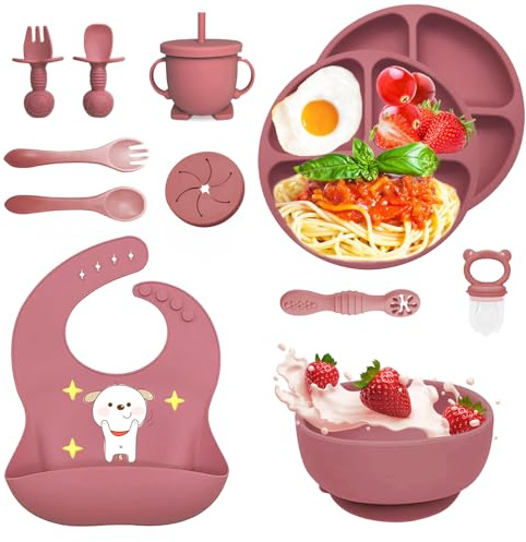 Bizcasa Vajilla Bebe Silicona, 12 Piezas Vajilla de Silicona para Bebés Antideslizante con Plato Cuenco Babero Taza, Cubiertos Bebe, Baby Led Weaning, Cubiertos Infantiles, Sin BPA (Rosa oscuro)