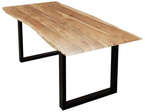 Liadomo Esstisch 120x80 Sammy Natur, Baumkantentisch, Akazie Massivholz Tisch, 26mm Tischplatte Lackiert, Robust & Pflegeleicht, Unikat, U-Gestell Metall in Schwarz