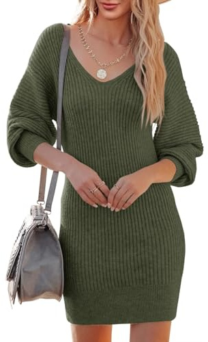 Saodimallsu Robe en tricot pour femme - Col en V - Manches longues - Pull élégant - Mini robe de loisirs - Tunique - Pull en tricot - Robe pour l'automne et l'hiver, Vert armée., XL