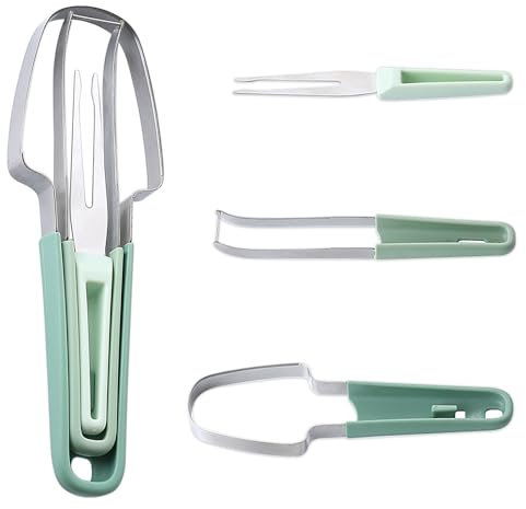 Trancheuse de pastèque 3 en 1, trancheuse à pastèque, trancheuse à fruits en acier inoxydable, outil de coupe rapide pour la cuisine, fourchette de coupe rapide, fourchette à fruits (vert)