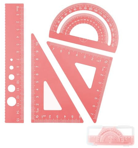 DHWEKU escuadra cartabon y transportador,escuadra y cartabon,Juego de reglas de Metal de 4 piezas,esquinas redondeadas,diseño de seguridad,Kit de geometría matemática para estudiantes y profesore,Rosa