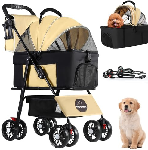 3 in 1 Pet Dog Stroller for Small Medium Dogs 10-50 lbs, Foldable Cat-Strollers for 2-Cats with Removable Carrier, Pet-Strollers for Cats with Storage Bag, Small Puppy-Stroller, Dog-Cart (Brown)