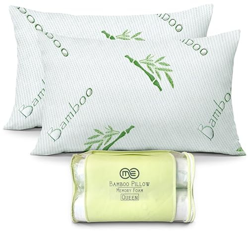 OMEO 2 Pack Queen Size Rayon Derived from Bamboo Pillow for Sleeping Shredded Memory Foam Bed Pillows for Side, Back and Stomach Sleepers, Soft, Cooling, Adjustable and Washable Cover 20 x 30