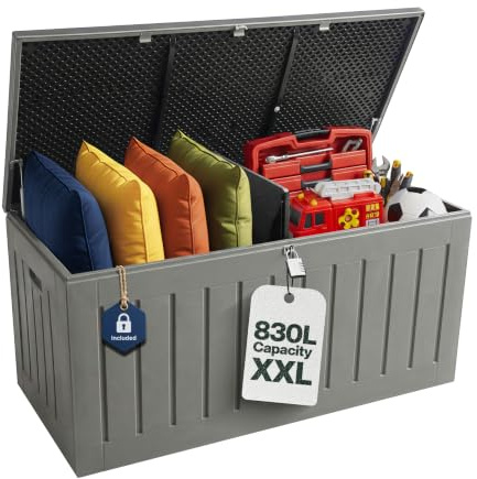 Olsen & Smith 830L Extra-Large Garden Storage Box & Bench Seat – Lockable, Waterproof Outdoor Storage Box with Lid for Cushions, Tools & Toys – Wood Effect Grey, 160 x 78 x 76cm