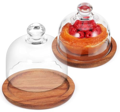 MUCKLILY Cake Tray with Glass Cover - 2 Pack Wooden Dessert Stand for Celebration Cakes Cookies and Pastries (3.9 X 3.9 Inch)