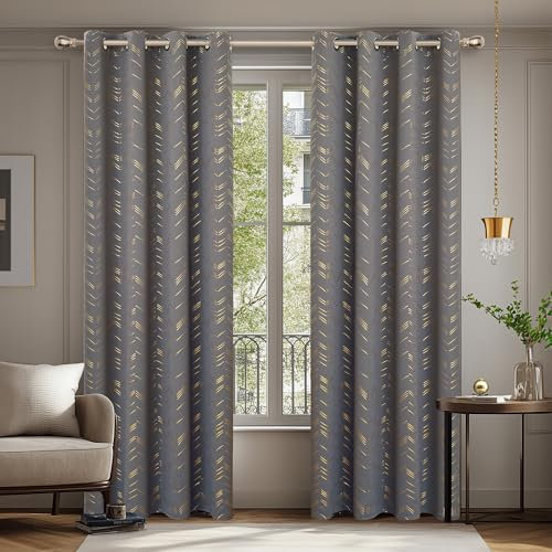 Deconovo Lot de 2 Rideaux Occultants Thermiques Isolants Anti-Froid à Œillets - Motif en Fil d'or 140×180CM, Rideaux Thermiques pour Chambre et Salon Gris Foncé