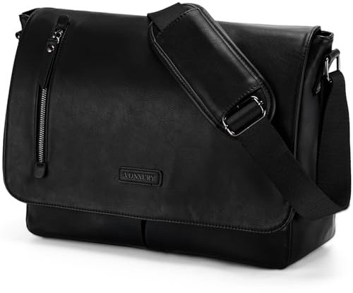 VX VONXURY Umhängetasche Herren und Damen, Vegan Leder 14 Zoll Laptoptasche Messenger Bag Arbeitstasche für Arbeit Schule(Schwarz)