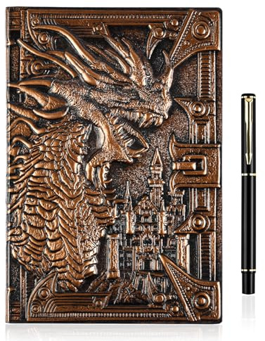 OFFCUP Cuaderno de Piel en Relieve 3D A5, 200 Páginas Libreta Vintage Cuaderno de Viaje Bloc Notas con Bolígrafo, Diario de Viaje Cuaderno de Escritura para Hombres y Mujeres (Dragón)
