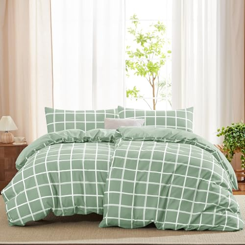 WAVVE Bettwäsche 135x200 4teilig Bettbezug Mikrofaser Bettwäsche-Sets 135 x 200 cm 2er Set mit 2 Kissenbezüge 40x80cm, ÖKO-TEX, Wendebettwäsche Bedding grün Karomuster Muster mit Reißverschluss