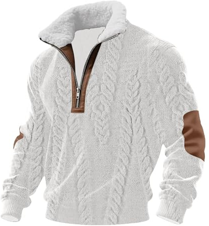 Men's Knitted Quarter Zip Jumper with Stand-Up Collar & Elbow Patches | Trendy Athletic Pullover Sweatshirt, Lightweight Warm Layer for Casual, Leisure & Outdoor Autumn Wear White