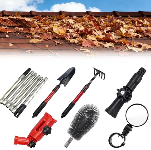 Zenselect Kit di pulizia per grondaie, attrezzi per la pulizia della grondaia con spazzola, pala e razza, pulitore telescopico estensibile a 6 poli per la casa e il giardino